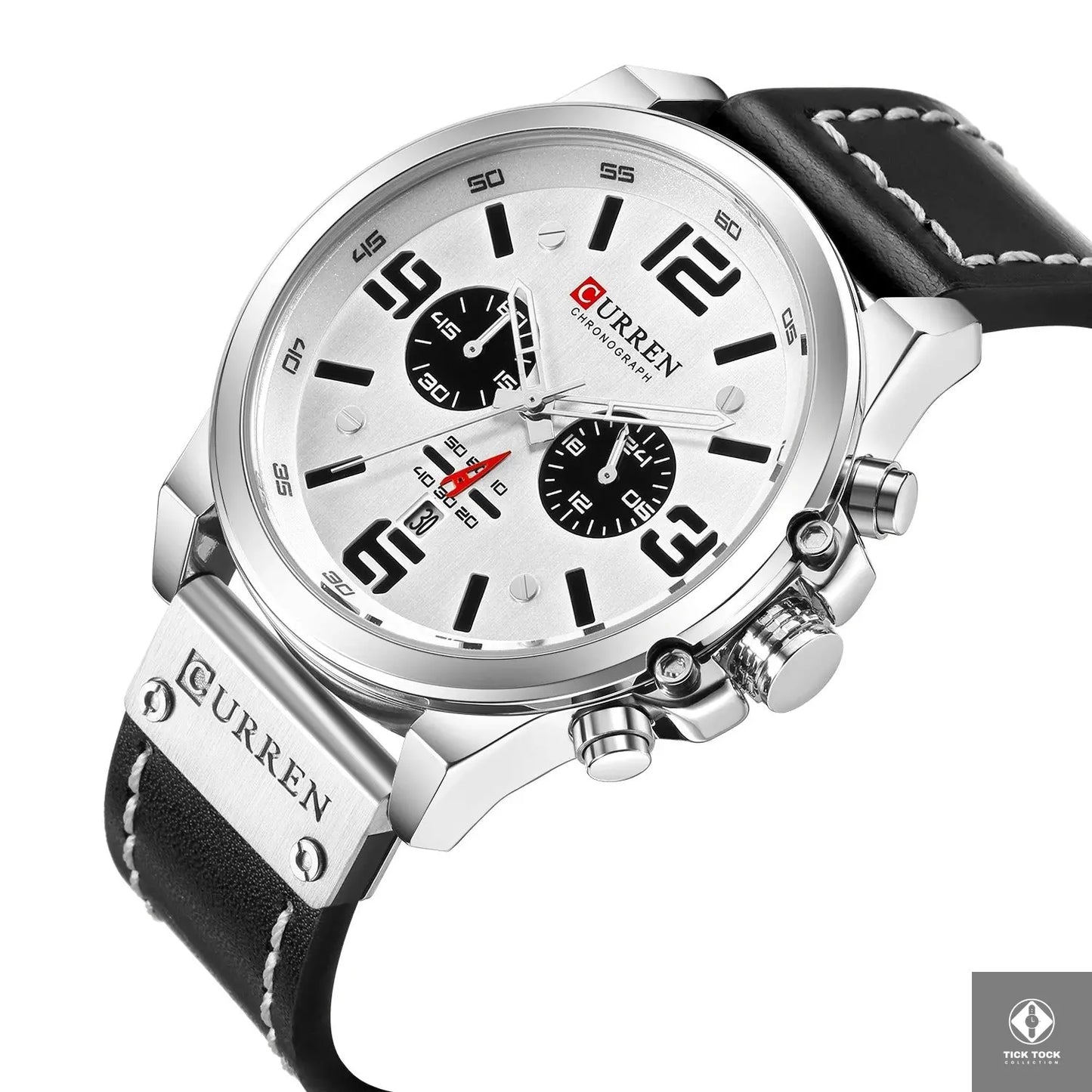 Montre Curren 8314 pour homme – cadran blanc et bracelet cuir noir - Vue de coté