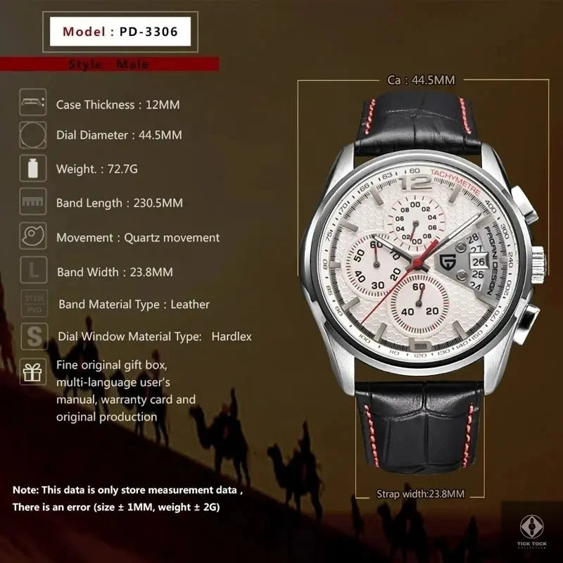 Boîtier argenté 44 mm en acier inoxydable – Pagani PD-3306 - Caractéristiques