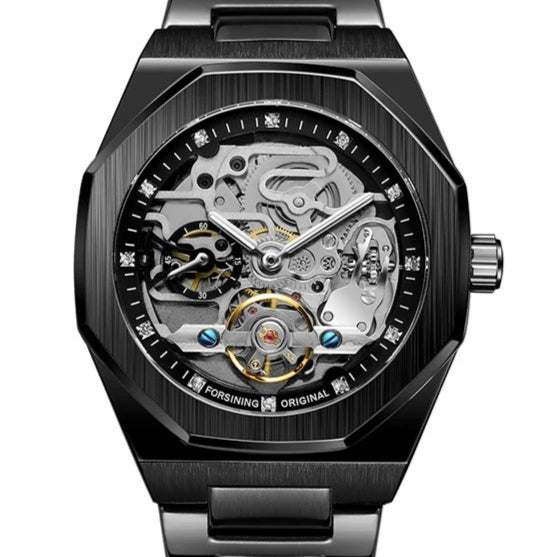 Montre FORSINING HF8202 – cadran argenté et bracelet noir vue gros plan