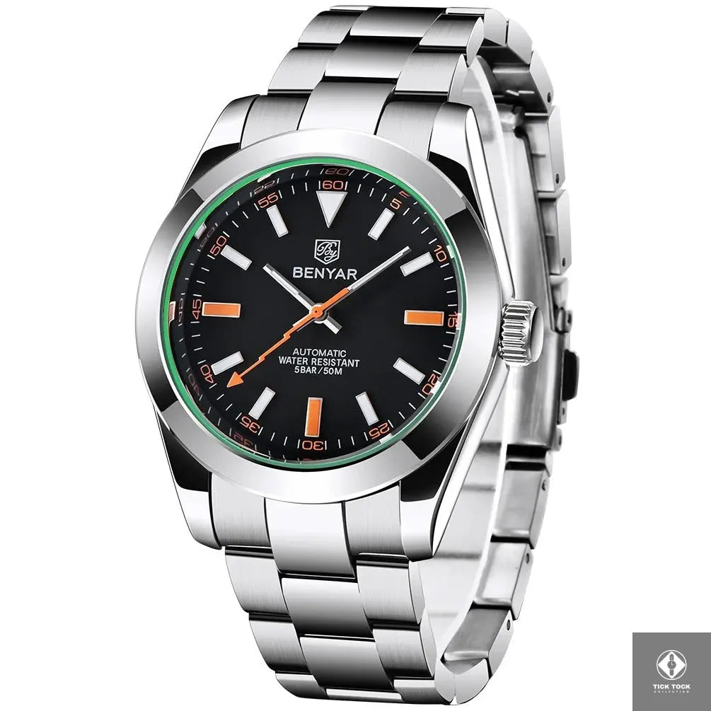 Détail cadran noir avec index bâtons BENYAR BY-5176M - Vue de face