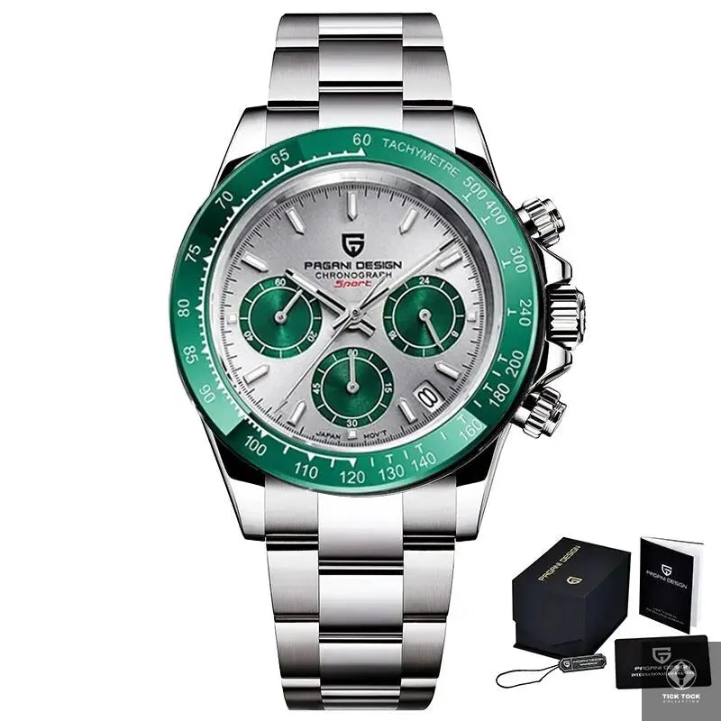 Montre Pagani Design PD-1644 quartz homme, lunette verte et cadran argenté - Vue de face