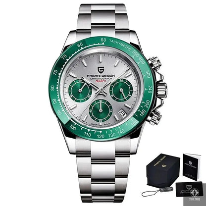 Montre Pagani Design PD-1644 quartz homme, lunette verte et cadran argenté - Vue de face
