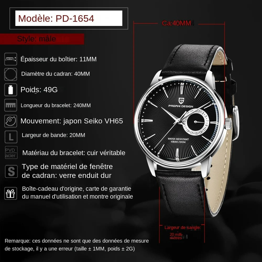Montre homme PAGANI DESIGN PD-1654 avec cadran noir élégant - Caractéristiques