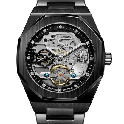 Montre FORSINING HF8202 – cadran argenté et bracelet noir vue gros plan