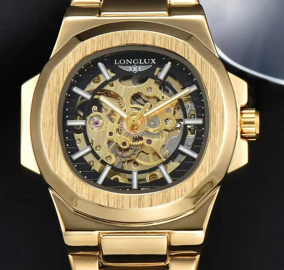 Montre homme LONGLUX 8057G skeleton cadran noir – vue de face zoomé