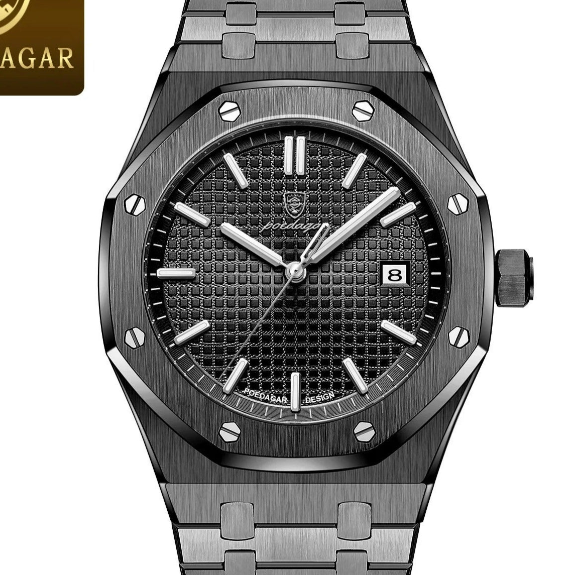 Montre POEDAGAR 924 noir et acier noir vue de cadran - cadran Noir sans chiffres, aiguilles lumineuses