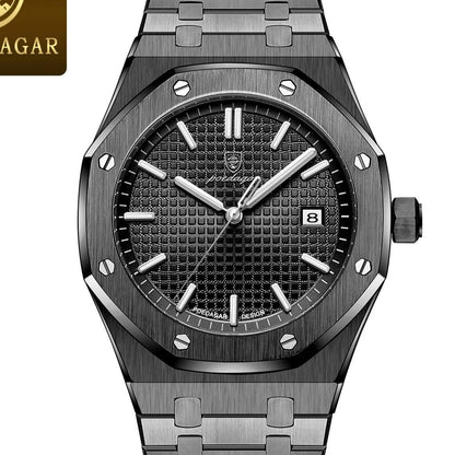 Montre POEDAGAR 924 noir et acier noir vue de cadran - cadran Noir sans chiffres, aiguilles lumineuses