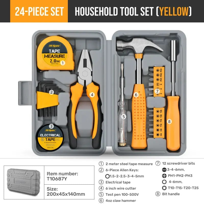 Kit d’outils ménager Hi-Spec T10687Y - Noir & jaune Outillage avec boîte de rangement