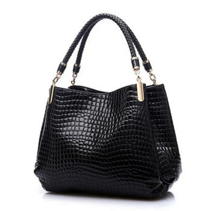 Sac à main femme KMF81 noir en cuir PU style alligator avec décoration rivets et rubans