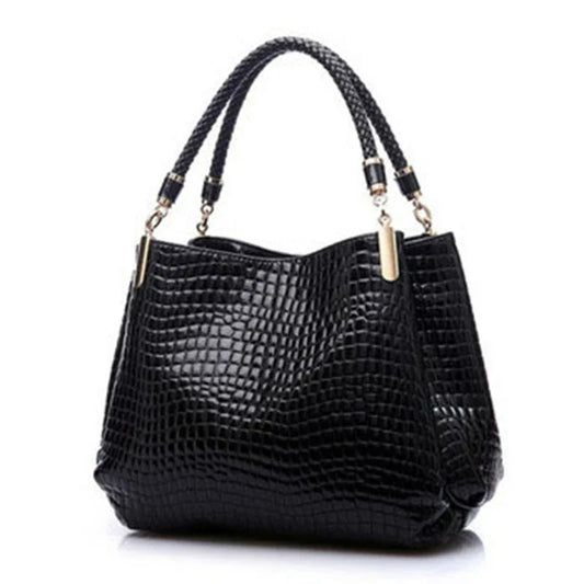 Sac à main femme KMF81 noir en cuir PU style alligator avec décoration rivets et rubans