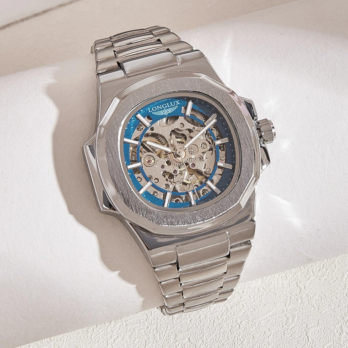 Montre homme LONGLUX 8057G skeleton cadran bleu – vue de face