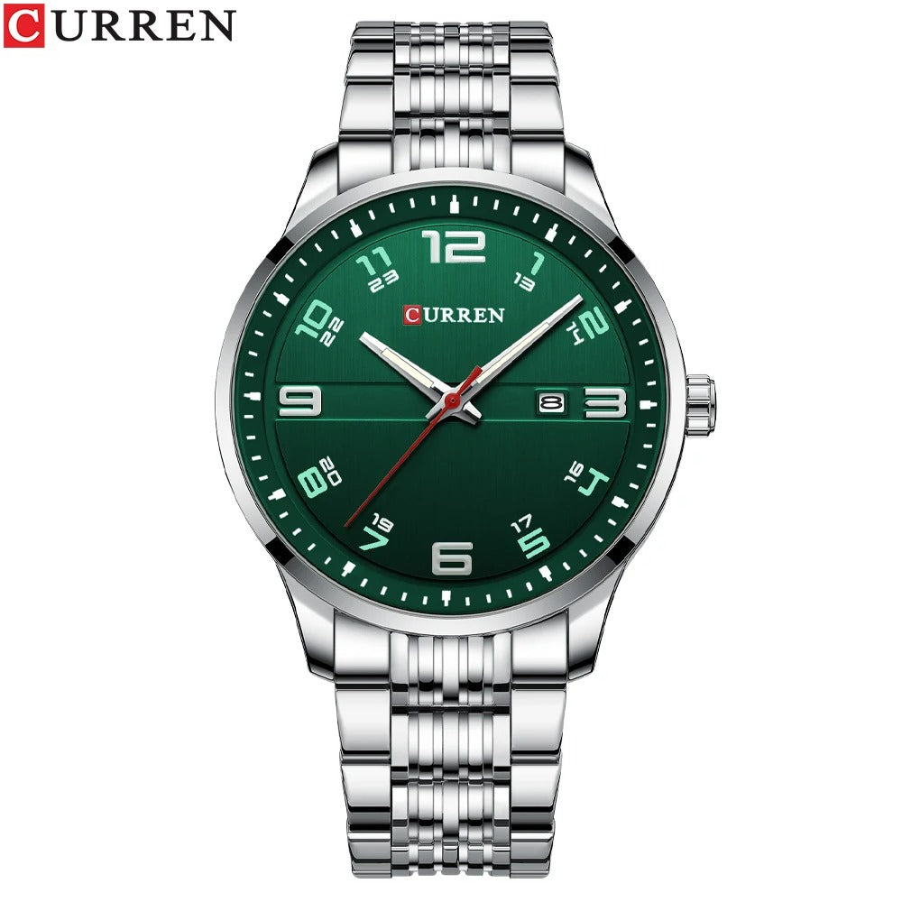 Montre Curren 8411 vue de face – cadran vert avec chiffres arabes